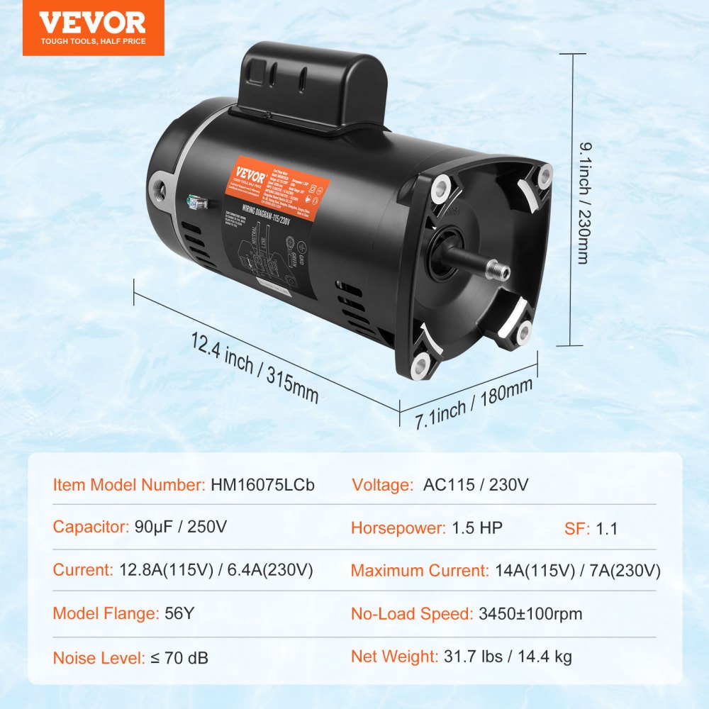 AMITOOLS 1.5HP Pool Pump Motor 115/230V 12.8/6.4A 56Y 3450RPM 90μF/250V Capacitor