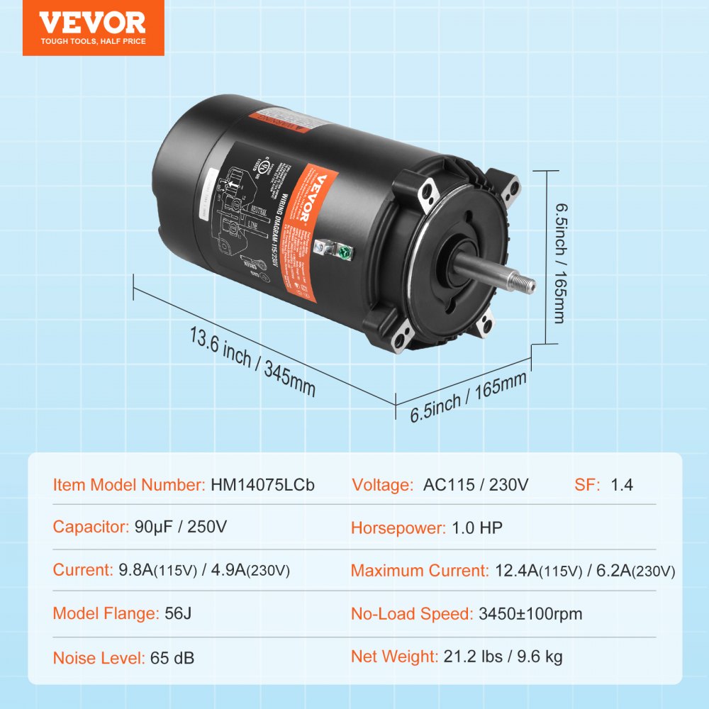 AMITOOLS 1 HP Pool Pump Motor, 56J Frame, 115V(9.8 Amps)/230V(4.9 Amps) 3450 RPM, 60Hz, 1.4 Service Factor, 90μF/250V Capacitor, CCW Rotation Round Flange Replacement Motor