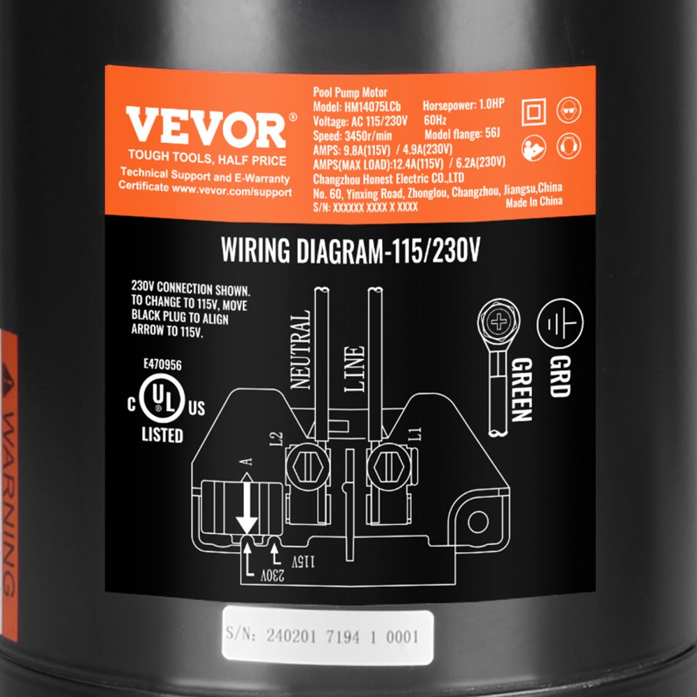 AMITOOLS 1 HP Pool Pump Motor, 56J Frame, 115V(9.8 Amps)/230V(4.9 Amps) 3450 RPM, 60Hz, 1.4 Service Factor, 90μF/250V Capacitor, CCW Rotation Round Flange Replacement Motor