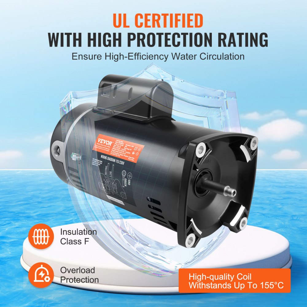 AMITOOLS 1 HP Pool Pump Motor, 56Y Frame, 115V(9 Amps)/230V(4.5 Amps) 3450RPM, 60Hz, 1.25 Service Factor, 90μF/250V Capacitor, CCW Rotation Square Flange Replacement Motor