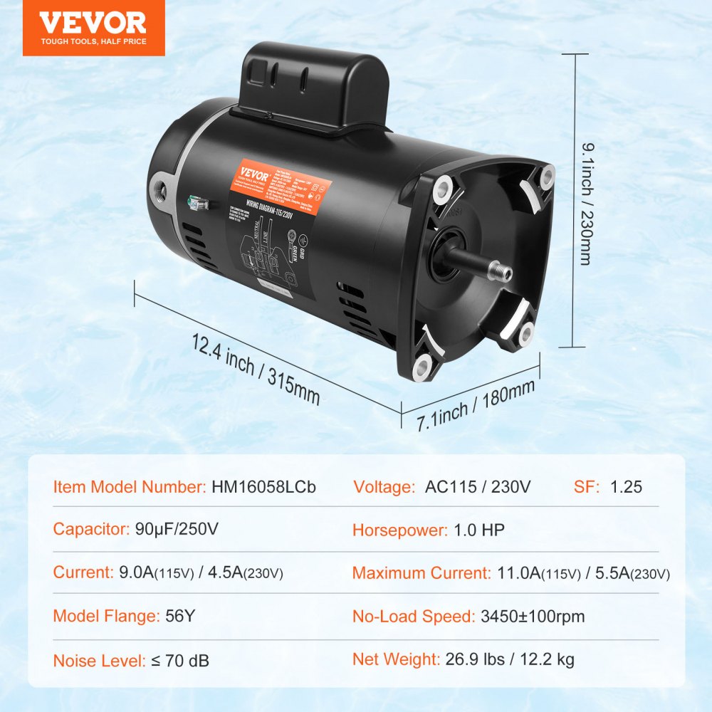 AMITOOLS 1 HP Pool Pump Motor, 56Y Frame, 115V(9 Amps)/230V(4.5 Amps) 3450RPM, 60Hz, 1.25 Service Factor, 90μF/250V Capacitor, CCW Rotation Square Flange Replacement Motor