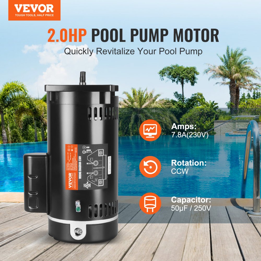 AMITOOLS 2 HP Pool Pump Motor, 56Y Frame, 230V (7.8 Amps) 3450 RPM, 60Hz, 1.3 Service Factor, 50μF/250V Capacitor, CCW Rotation Square Flange Replacement Motor