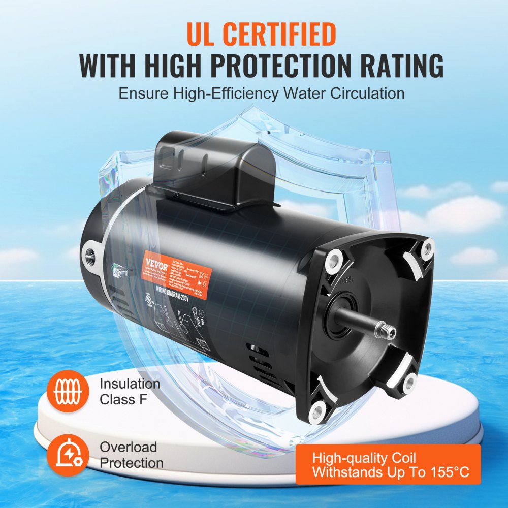 AMITOOLS 2 HP Pool Pump Motor, 56Y Frame, 230V (7.8 Amps) 3450 RPM, 60Hz, 1.3 Service Factor, 50μF/250V Capacitor, CCW Rotation Square Flange Replacement Motor