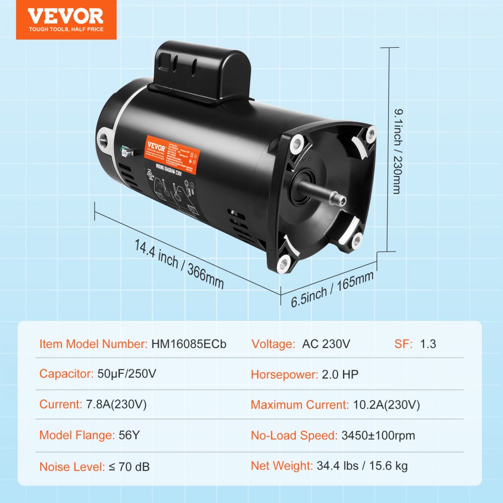 AMITOOLS 2 HP Pool Pump Motor, 56Y Frame, 230V (7.8 Amps) 3450 RPM, 60Hz, 1.3 Service Factor, 50μF/250V Capacitor, CCW Rotation Square Flange Replacement Motor