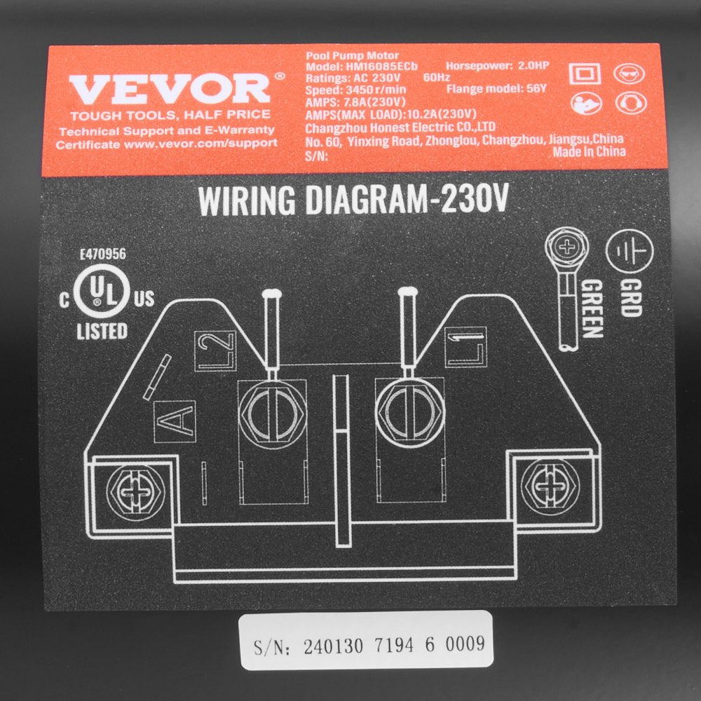 AMITOOLS 2 HP Pool Pump Motor, 56Y Frame, 230V (7.8 Amps) 3450 RPM, 60Hz, 1.3 Service Factor, 50μF/250V Capacitor, CCW Rotation Square Flange Replacement Motor