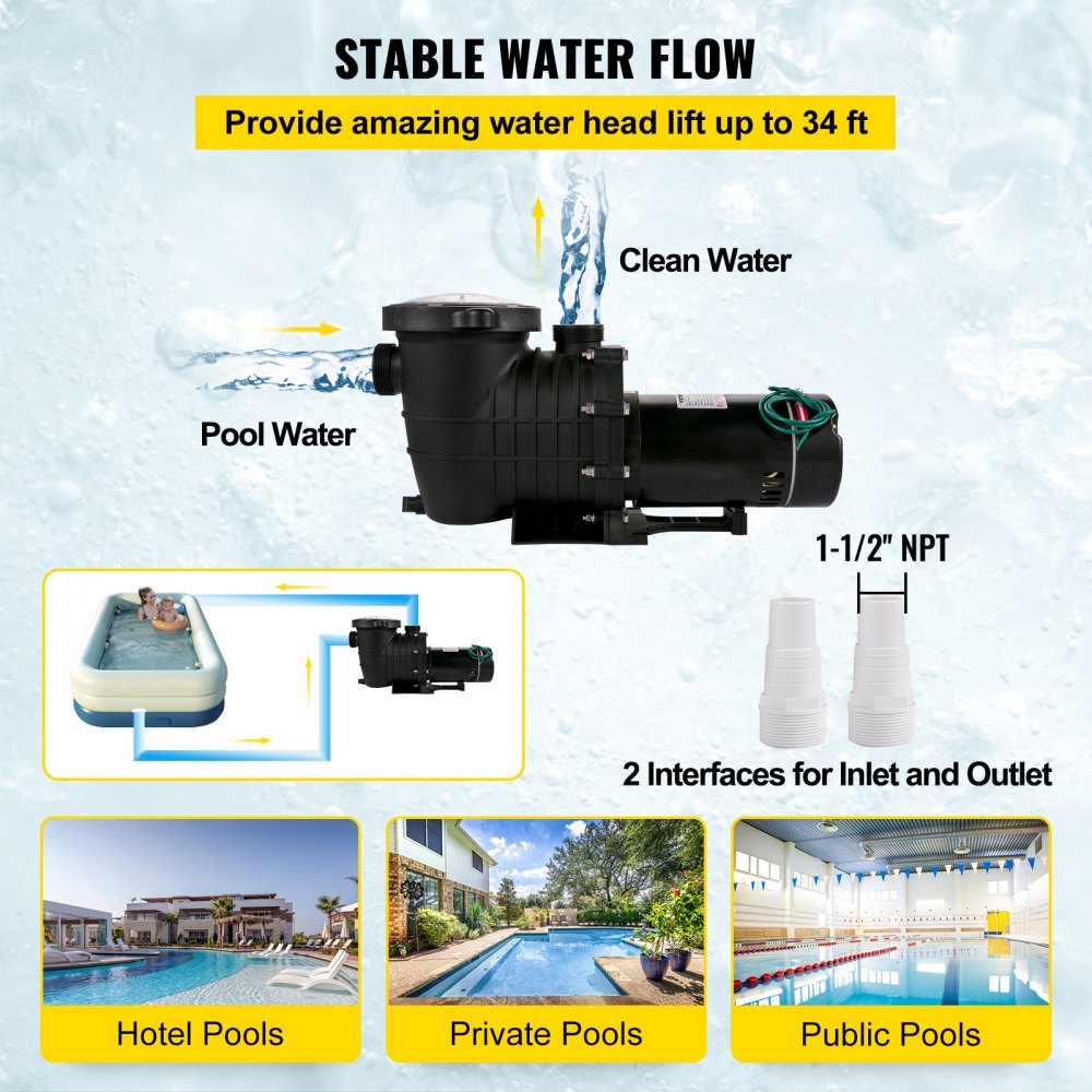 AMITOOLSSwimming Pool Pump 1HP, Dual Voltage 110V 220V, 5544GPH, Powerful Pump for Above Ground Pool Water Circulation, with Strainer Basket, 2pcs 1-1/2'' NPT Connectors Tested to UL Standards