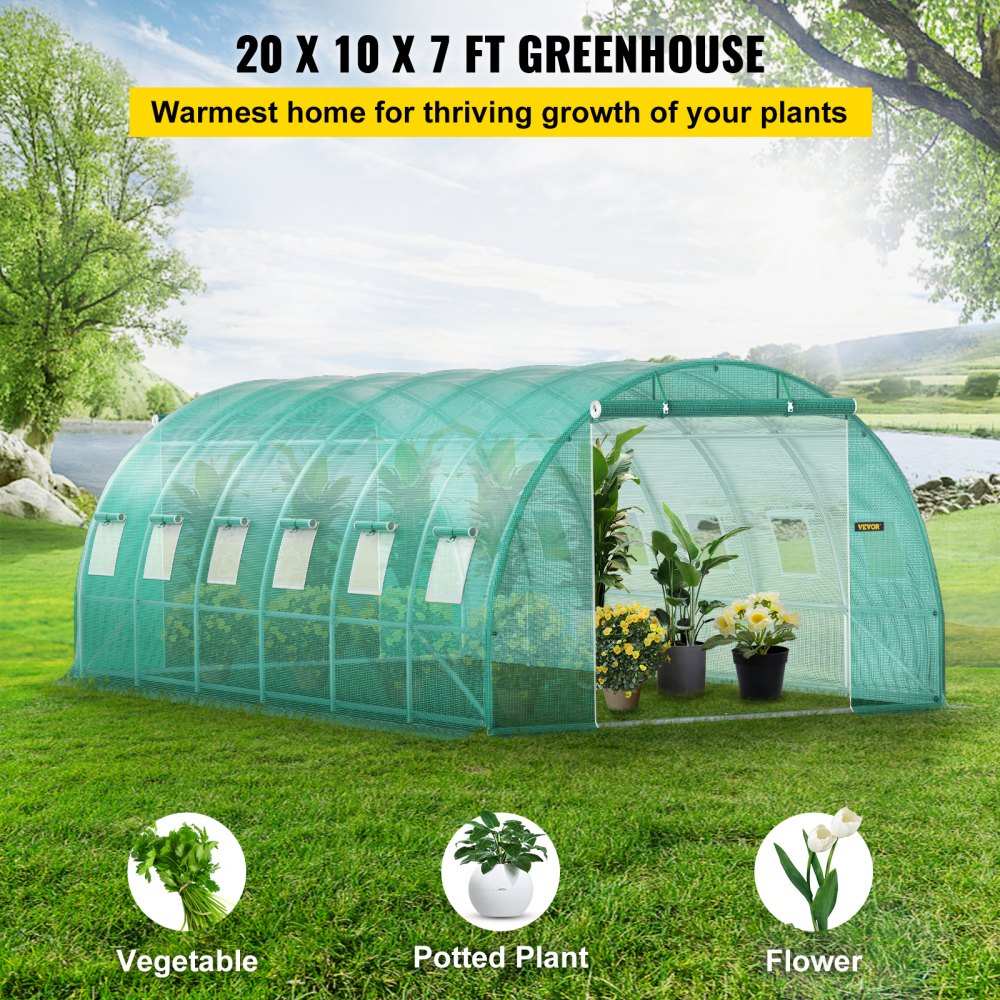 AMITOOLS Walk-in Tunnel Greenhouse, 20 x 10 x 7 ft Portable Plant Hot House w/ Galvanized Steel Hoops, 3 Top Beams, Diagonal Poles, 2 Zippered Doors & 12 Roll-up Windows, Green