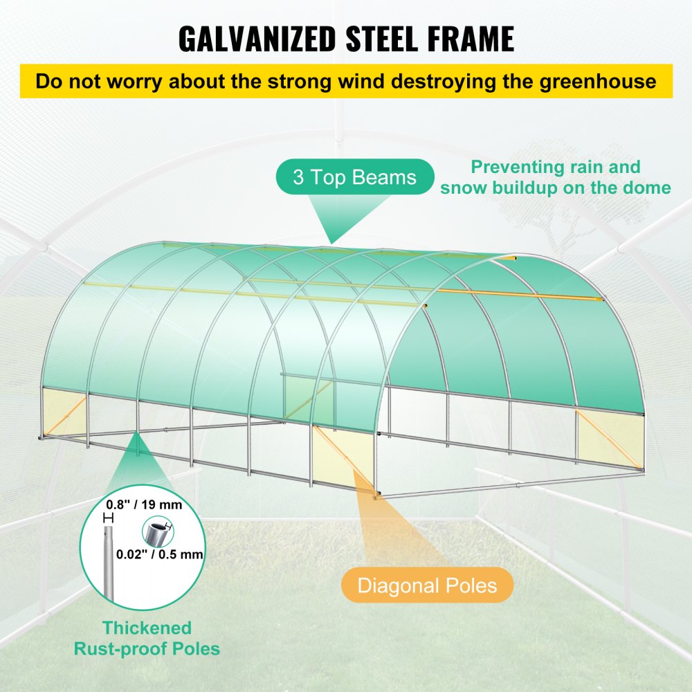 AMITOOLS Walk-in Tunnel Greenhouse, 20 x 10 x 7 ft Portable Plant Hot House w/ Galvanized Steel Hoops, 3 Top Beams, Diagonal Poles, 2 Zippered Doors & 12 Roll-up Windows, Green