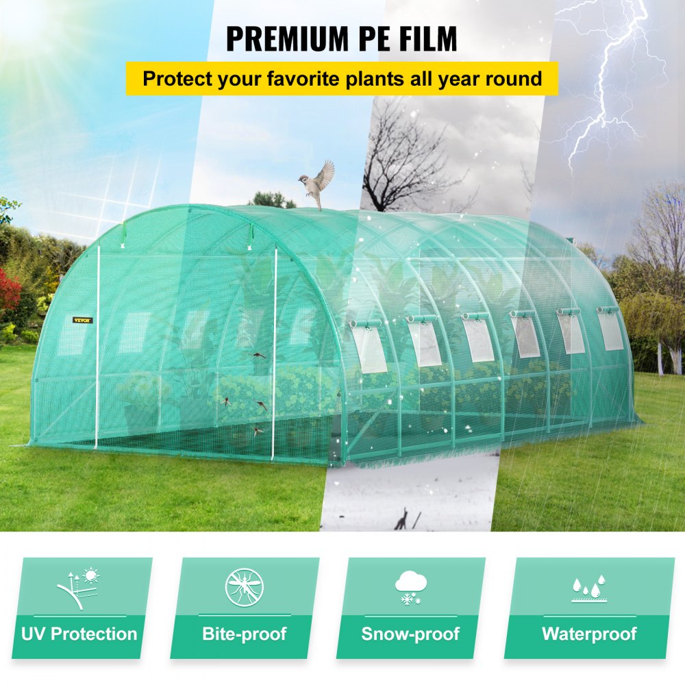 AMITOOLS Walk-in Tunnel Greenhouse, 20 x 10 x 7 ft Portable Plant Hot House w/ Galvanized Steel Hoops, 3 Top Beams, Diagonal Poles, 2 Zippered Doors & 12 Roll-up Windows, Green