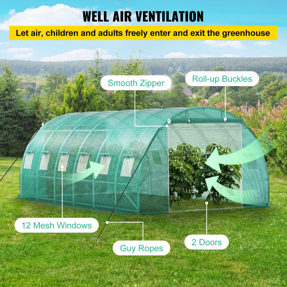 AMITOOLS Walk-in Tunnel Greenhouse, 20 x 10 x 7 ft Portable Plant Hot House w/ Galvanized Steel Hoops, 3 Top Beams, Diagonal Poles, 2 Zippered Doors & 12 Roll-up Windows, Green