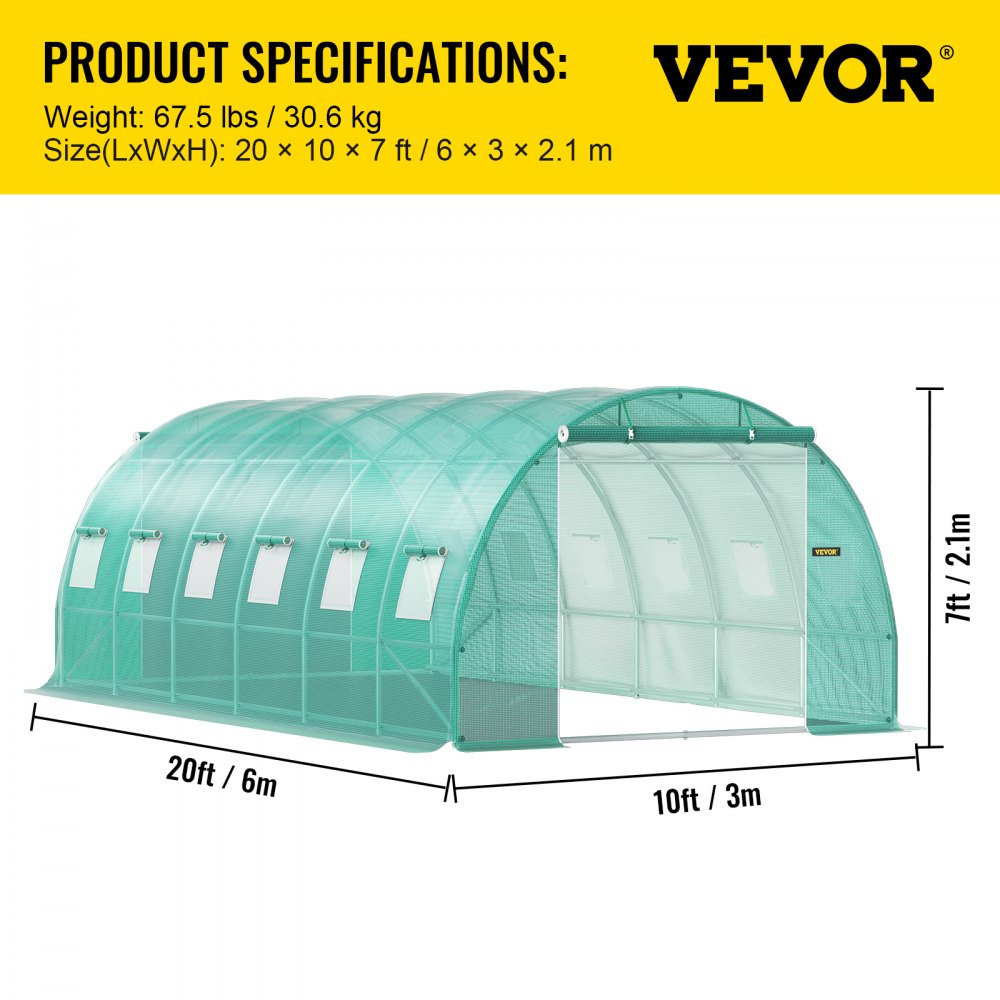 AMITOOLS Walk-in Tunnel Greenhouse, 20 x 10 x 7 ft Portable Plant Hot House w/ Galvanized Steel Hoops, 3 Top Beams, Diagonal Poles, 2 Zippered Doors & 12 Roll-up Windows, Green