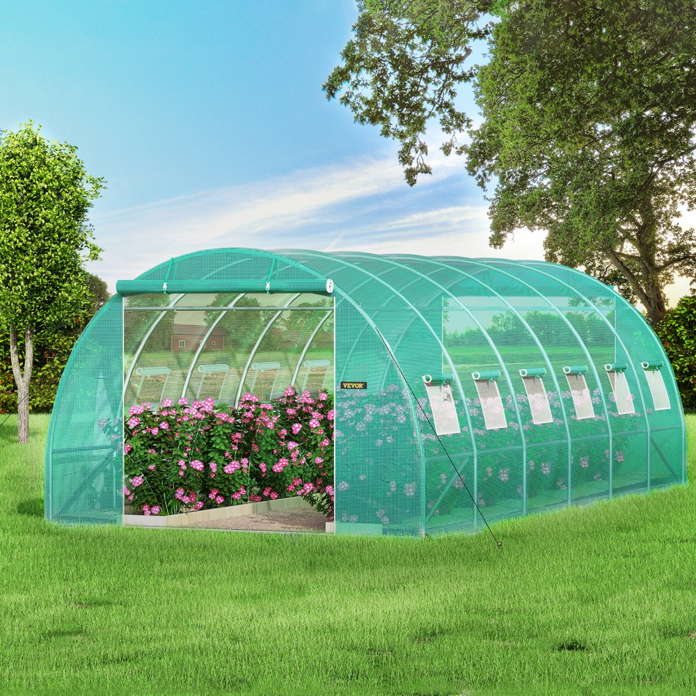 AMITOOLS Walk-in Tunnel Greenhouse, 20 x 10 x 7 ft Portable Plant Hot House w/ Galvanized Steel Hoops, 3 Top Beams, Diagonal Poles, 2 Zippered Doors & 12 Roll-up Windows, Green