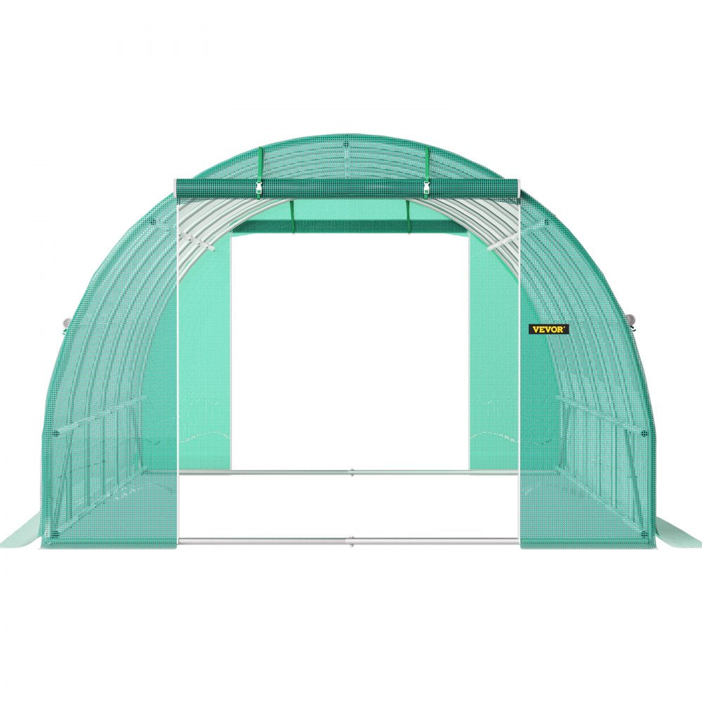 AMITOOLS Walk-in Tunnel Greenhouse, 20 x 10 x 7 ft Portable Plant Hot House w/ Galvanized Steel Hoops, 3 Top Beams, Diagonal Poles, 2 Zippered Doors & 12 Roll-up Windows, Green