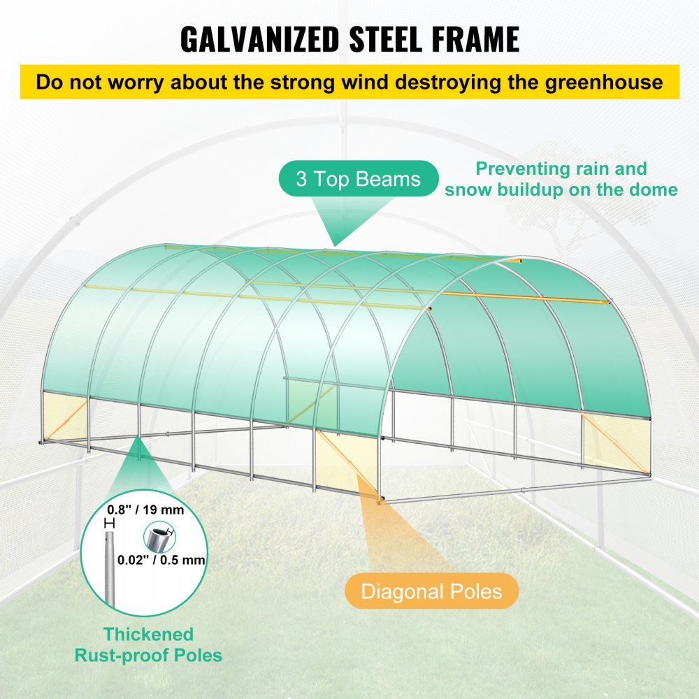 AMITOOLS Walk-in Tunnel Greenhouse, 20 x 10 x 7 ft Portable Plant Hot House w/ Galvanized Steel Hoops, 3 Top Beams, Diagonal Poles, 2 Zippered Doors & 12 Roll-up Windows, White