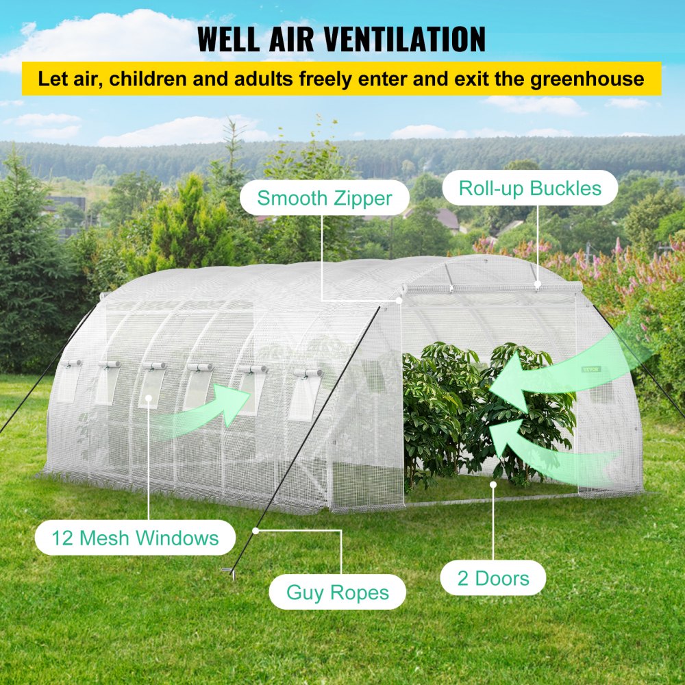 AMITOOLS Walk-in Tunnel Greenhouse, 20 x 10 x 7 ft Portable Plant Hot House w/ Galvanized Steel Hoops, 3 Top Beams, Diagonal Poles, 2 Zippered Doors & 12 Roll-up Windows, White