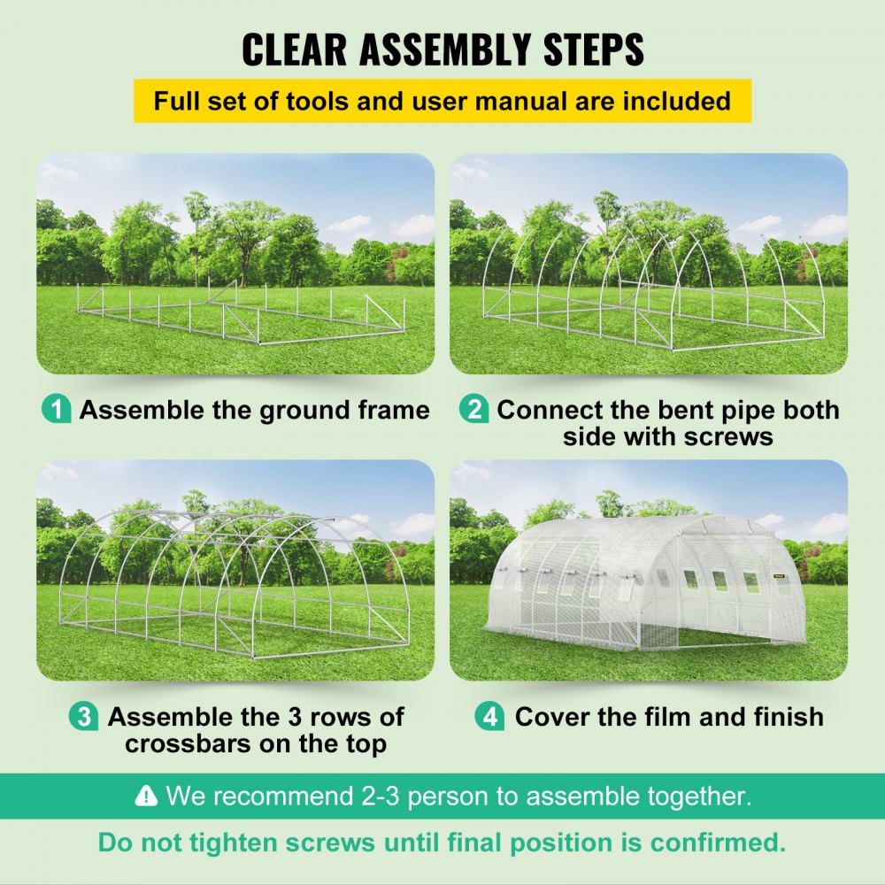 AMITOOLS Walk-in Tunnel Greenhouse, 20 x 10 x 7 ft Portable Plant Hot House w/ Galvanized Steel Hoops, 3 Top Beams, Diagonal Poles, 2 Zippered Doors & 12 Roll-up Windows, White