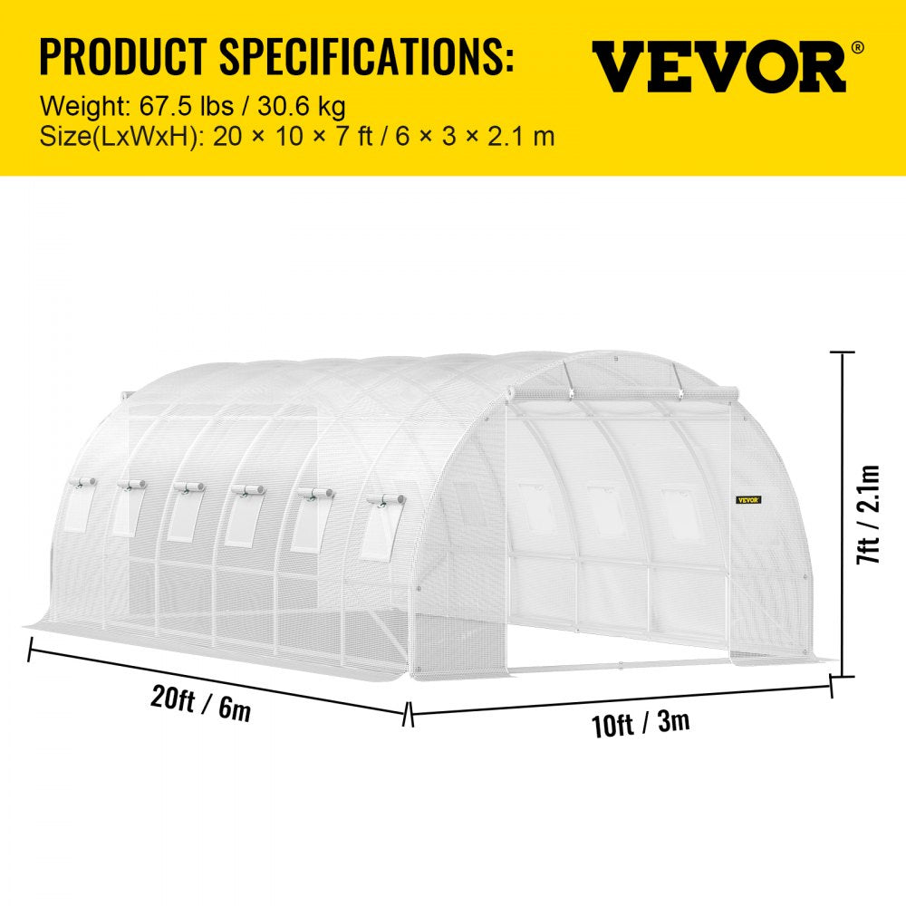 AMITOOLS Walk-in Tunnel Greenhouse, 20 x 10 x 7 ft Portable Plant Hot House w/ Galvanized Steel Hoops, 3 Top Beams, Diagonal Poles, 2 Zippered Doors & 12 Roll-up Windows, White