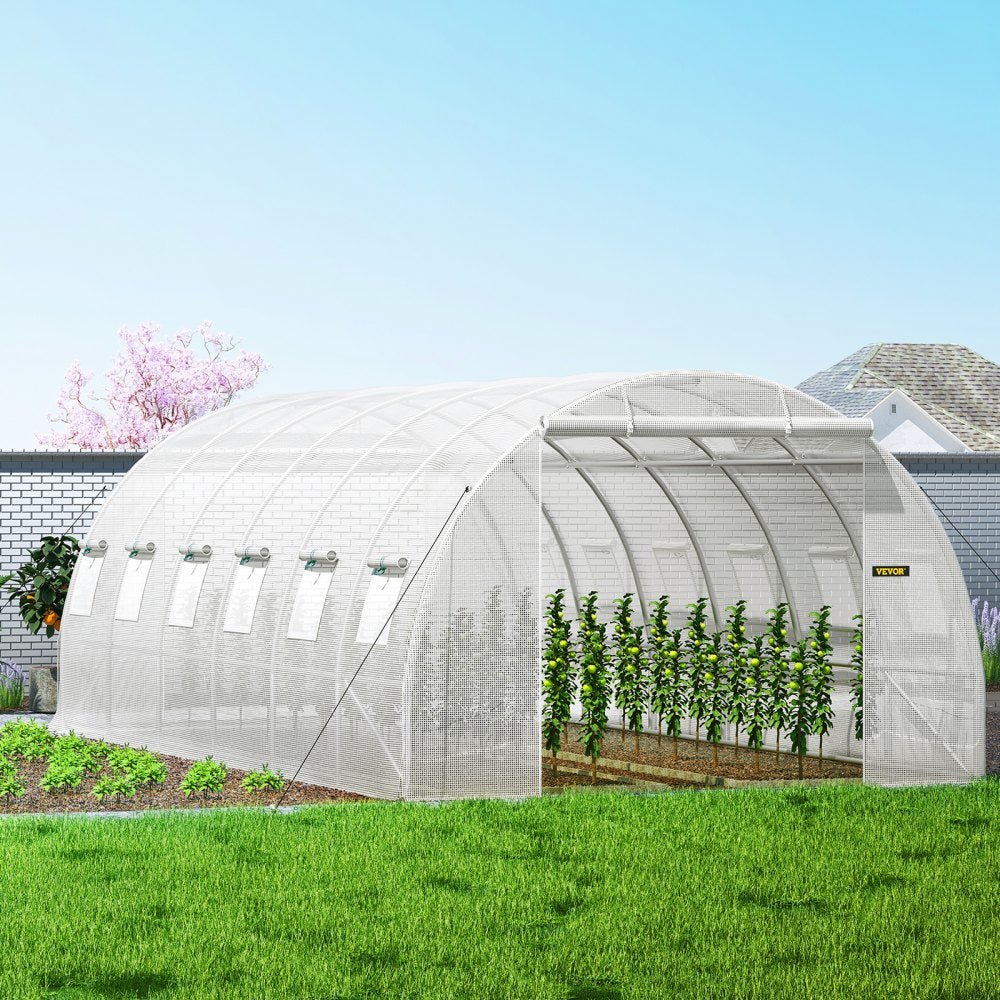 AMITOOLS Walk-in Tunnel Greenhouse, 20 x 10 x 7 ft Portable Plant Hot House w/ Galvanized Steel Hoops, 3 Top Beams, Diagonal Poles, 2 Zippered Doors & 12 Roll-up Windows, White