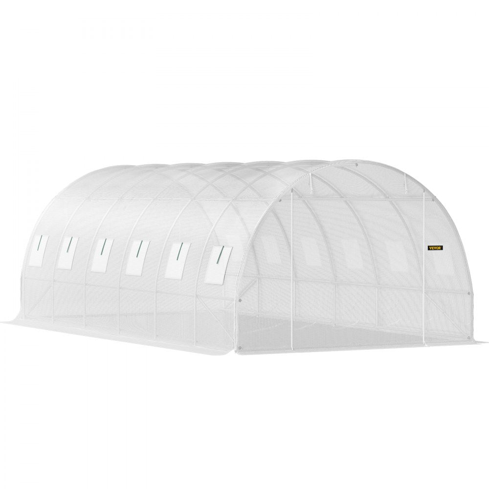 AMITOOLS Walk-in Tunnel Greenhouse, 20 x 10 x 7 ft Portable Plant Hot House w/ Galvanized Steel Hoops, 3 Top Beams, Diagonal Poles, 2 Zippered Doors & 12 Roll-up Windows, White