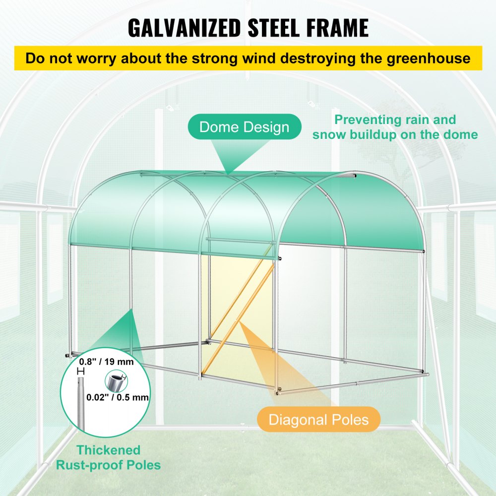 AMITOOLS Walk-in Tunnel Greenhouse, 9.8 x 6.6 x 6.6 ft Portable Plant Hot House w/ Galvanized Steel Hoops, 1 Top Beam, Diagonal Poles, Zippered Door & 6 Roll-up Windows, Green