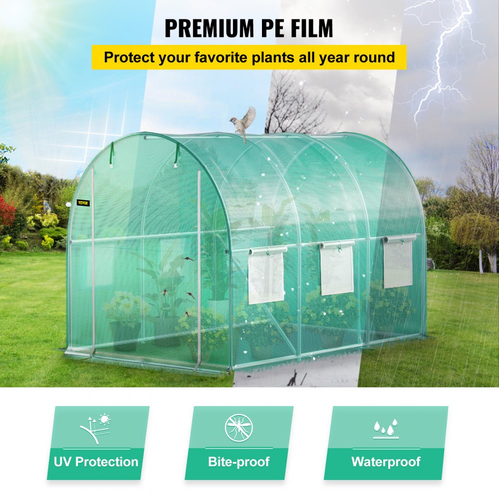 AMITOOLS Walk-in Tunnel Greenhouse, 9.8 x 6.6 x 6.6 ft Portable Plant Hot House w/ Galvanized Steel Hoops, 1 Top Beam, Diagonal Poles, Zippered Door & 6 Roll-up Windows, Green