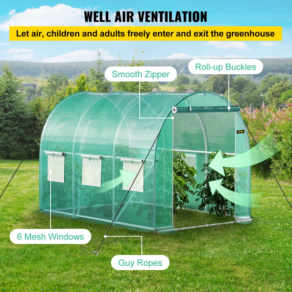 AMITOOLS Walk-in Tunnel Greenhouse, 9.8 x 6.6 x 6.6 ft Portable Plant Hot House w/ Galvanized Steel Hoops, 1 Top Beam, Diagonal Poles, Zippered Door & 6 Roll-up Windows, Green