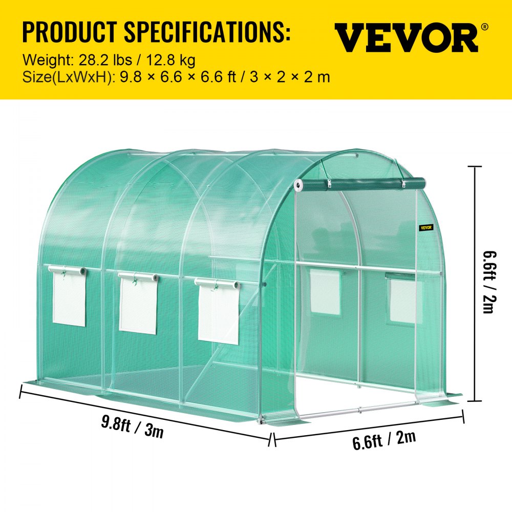 AMITOOLS Walk-in Tunnel Greenhouse, 9.8 x 6.6 x 6.6 ft Portable Plant Hot House w/ Galvanized Steel Hoops, 1 Top Beam, Diagonal Poles, Zippered Door & 6 Roll-up Windows, Green