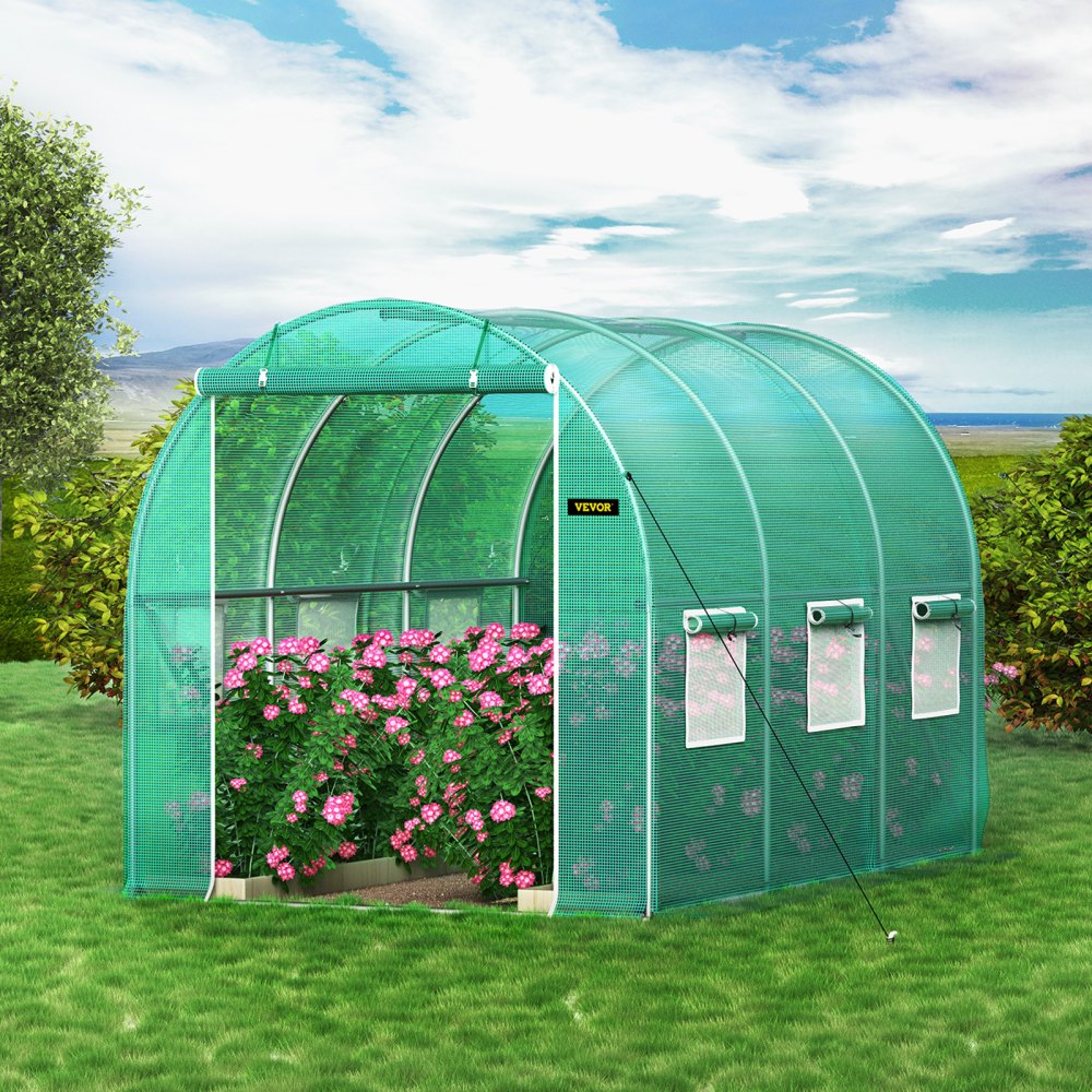 AMITOOLS Walk-in Tunnel Greenhouse, 9.8 x 6.6 x 6.6 ft Portable Plant Hot House w/ Galvanized Steel Hoops, 1 Top Beam, Diagonal Poles, Zippered Door & 6 Roll-up Windows, Green