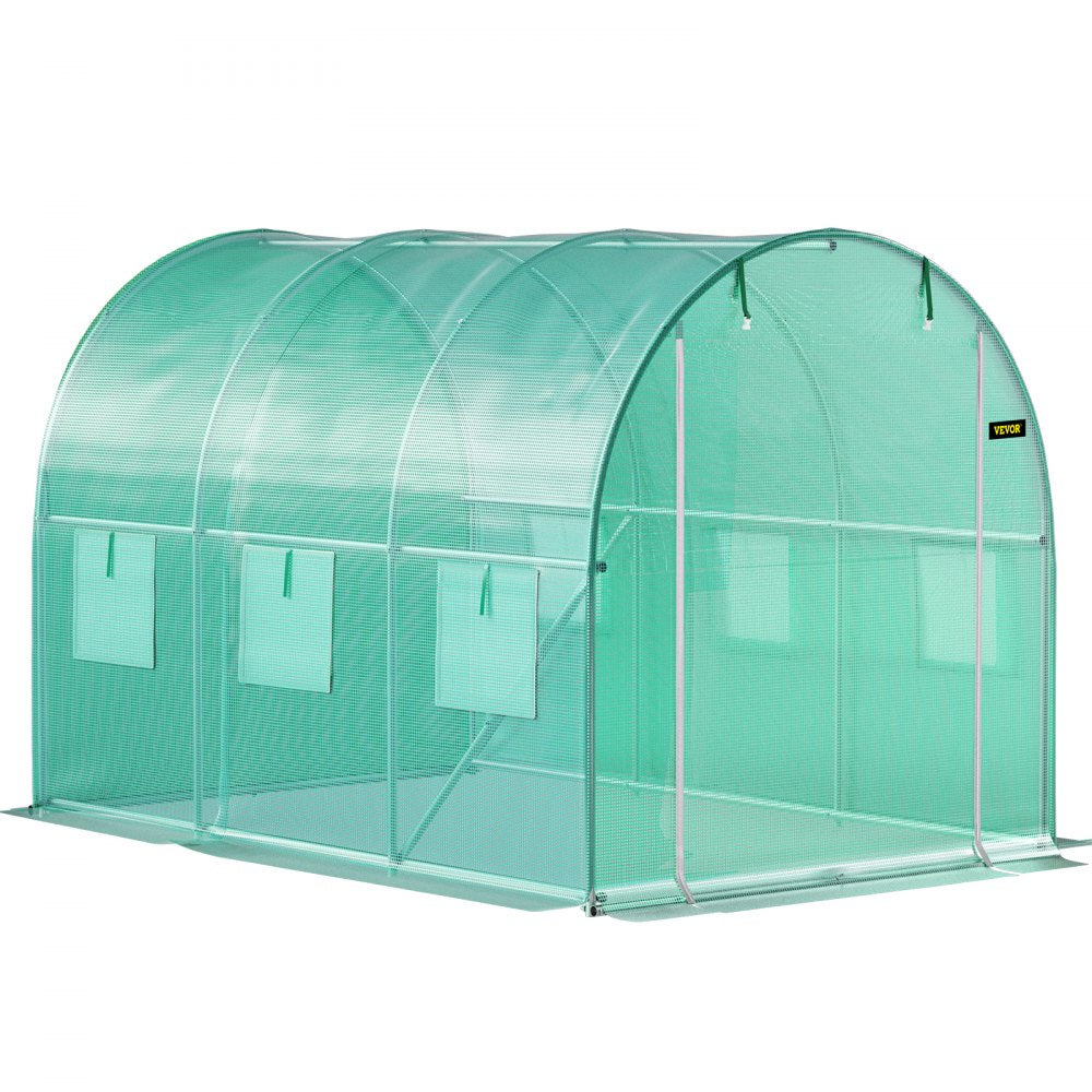 AMITOOLS Walk-in Tunnel Greenhouse, 9.8 x 6.6 x 6.6 ft Portable Plant Hot House w/ Galvanized Steel Hoops, 1 Top Beam, Diagonal Poles, Zippered Door & 6 Roll-up Windows, Green