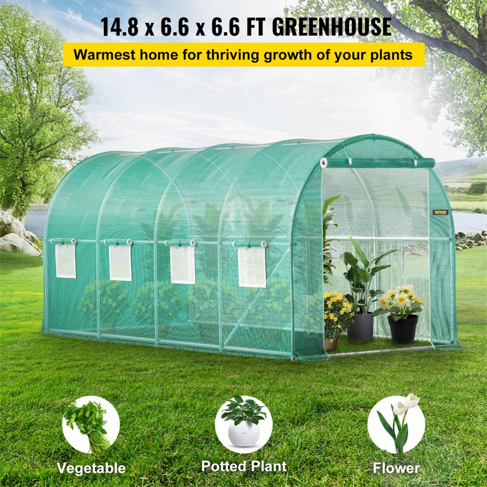 AMITOOLS Walk-in Tunnel Greenhouse, 15 x 7 x 7 ft Portable Plant Hot House w/ Galvanized Steel Hoops, 1 Top Beam, Diagonal Poles, Zippered Door & 8 Roll-up Windows, Green