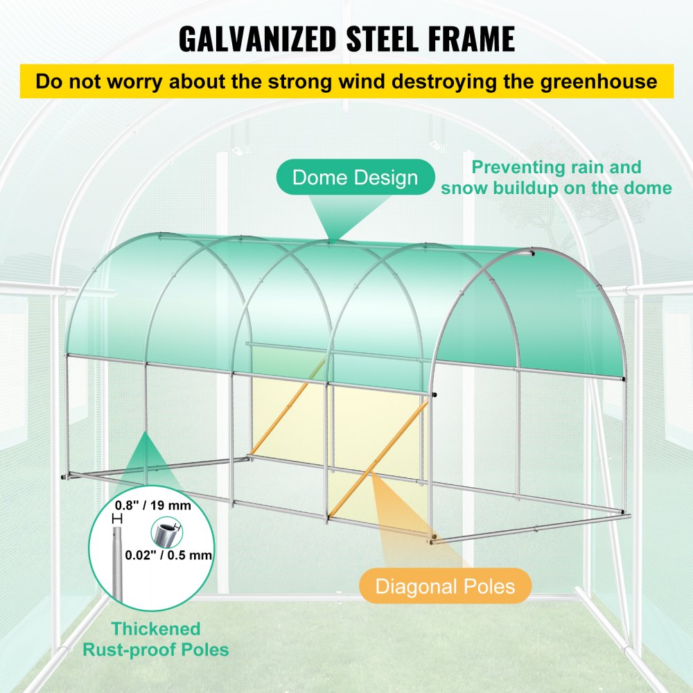 AMITOOLS Walk-in Tunnel Greenhouse, 15 x 7 x 7 ft Portable Plant Hot House w/ Galvanized Steel Hoops, 1 Top Beam, Diagonal Poles, Zippered Door & 8 Roll-up Windows, Green