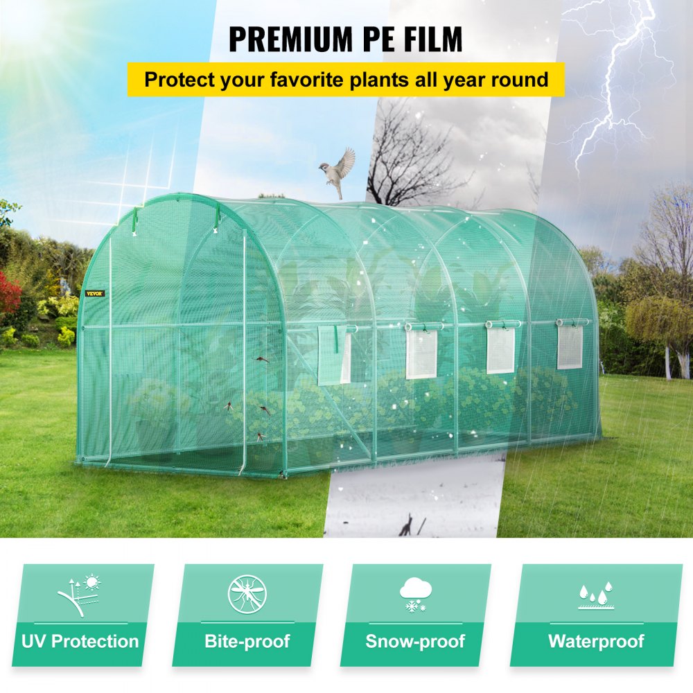 AMITOOLS Walk-in Tunnel Greenhouse, 15 x 7 x 7 ft Portable Plant Hot House w/ Galvanized Steel Hoops, 1 Top Beam, Diagonal Poles, Zippered Door & 8 Roll-up Windows, Green