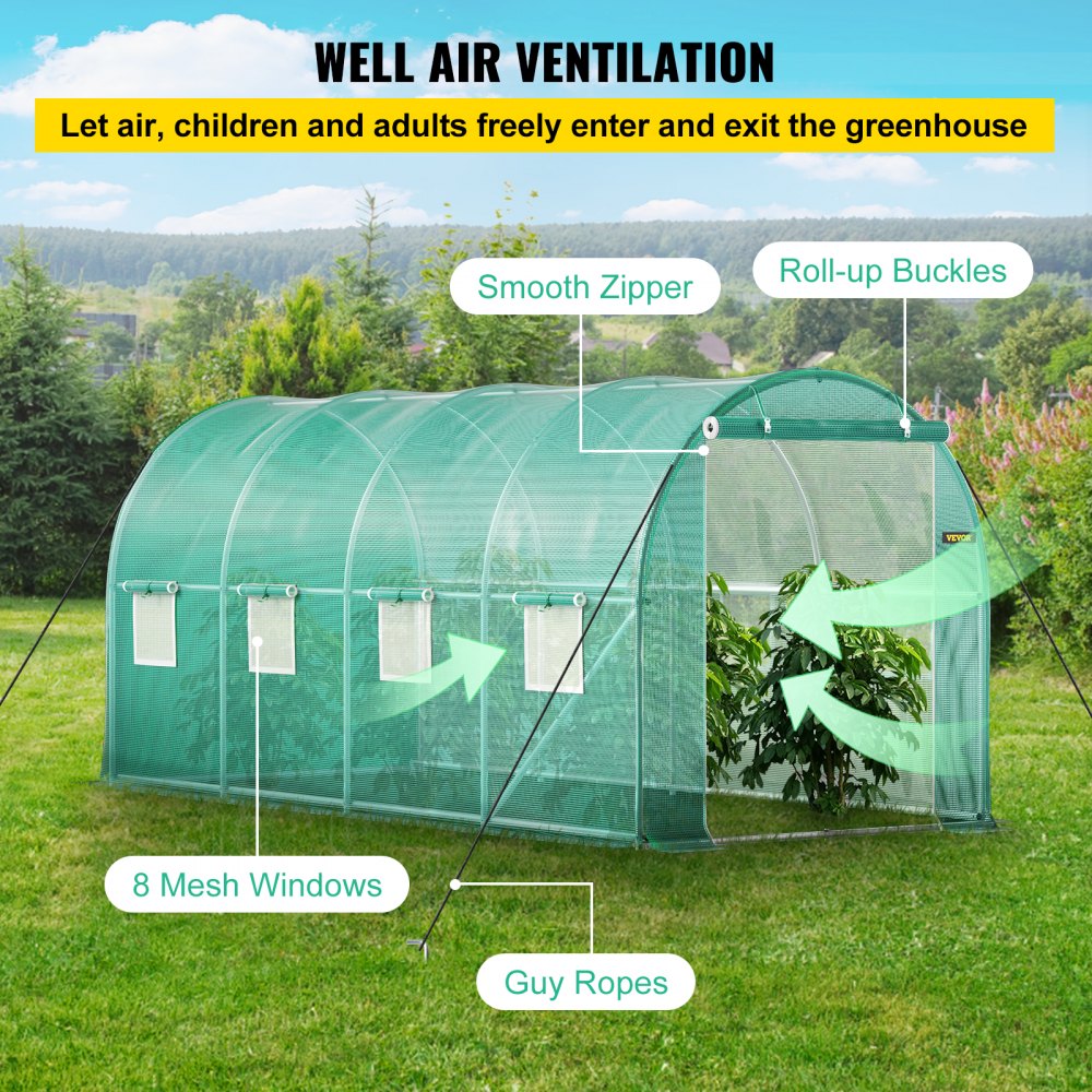 AMITOOLS Walk-in Tunnel Greenhouse, 15 x 7 x 7 ft Portable Plant Hot House w/ Galvanized Steel Hoops, 1 Top Beam, Diagonal Poles, Zippered Door & 8 Roll-up Windows, Green