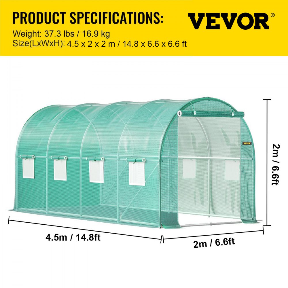 AMITOOLS Walk-in Tunnel Greenhouse, 15 x 7 x 7 ft Portable Plant Hot House w/ Galvanized Steel Hoops, 1 Top Beam, Diagonal Poles, Zippered Door & 8 Roll-up Windows, Green