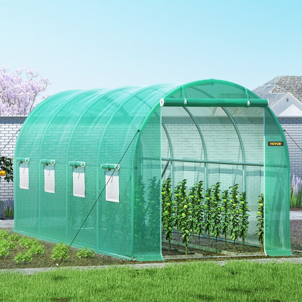 AMITOOLS Walk-in Tunnel Greenhouse, 15 x 7 x 7 ft Portable Plant Hot House w/ Galvanized Steel Hoops, 1 Top Beam, Diagonal Poles, Zippered Door & 8 Roll-up Windows, Green