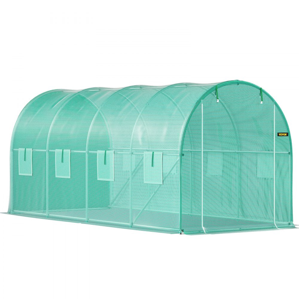 AMITOOLS Walk-in Tunnel Greenhouse, 15 x 7 x 7 ft Portable Plant Hot House w/ Galvanized Steel Hoops, 1 Top Beam, Diagonal Poles, Zippered Door & 8 Roll-up Windows, Green