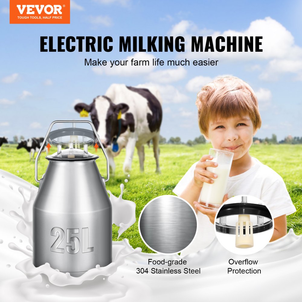 AMITOOLS Electric Cow Milking Machine, 6.6 Gal / 25 L 304 Stainless Steel Bucket, Automatic Pulsation Vacuum Milker, Portable Milker with Food-grade Silicone Cups and Tubes, Adjustable Pressure