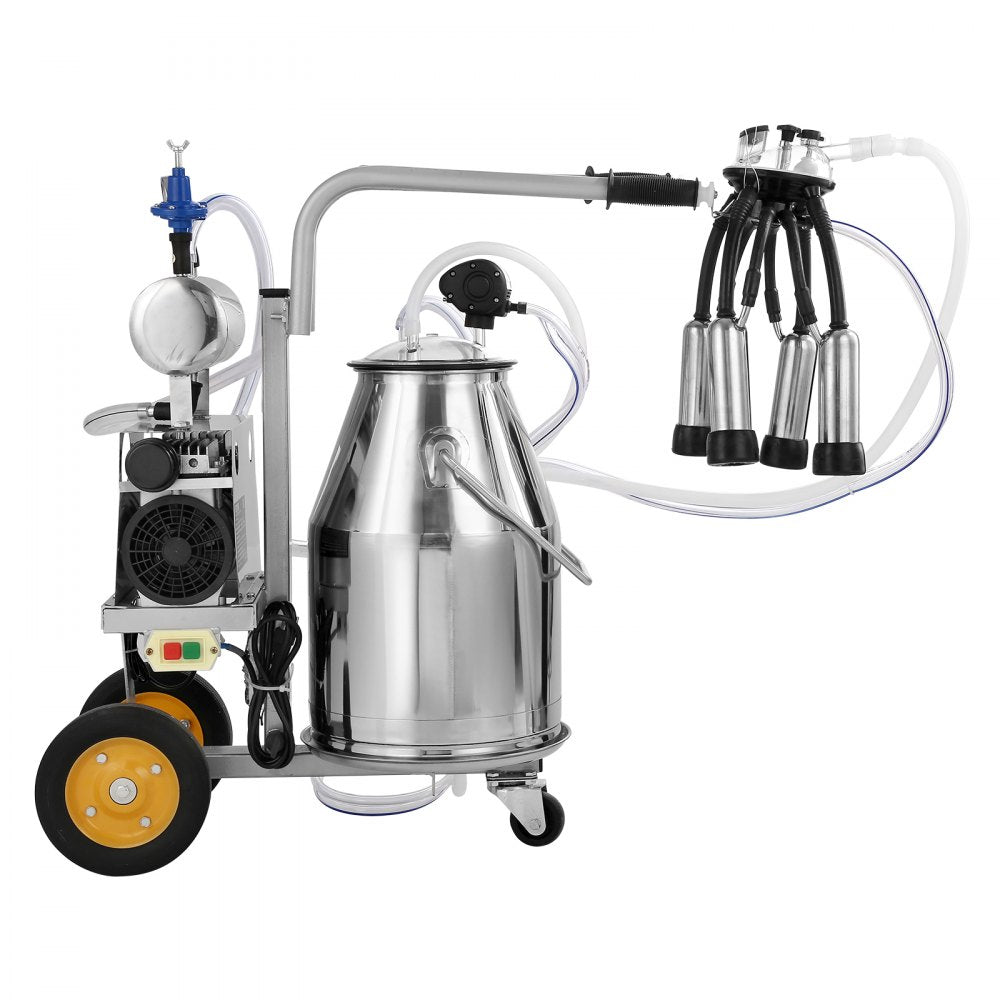 AMITOOLS Electric Cow Milking Machine, 6.6 Gal / 25 L 304 Stainless Steel Bucket, Automatic Pulsation Vacuum Milker, Portable Milker with Food-grade Silicone Cups and Tubes, Adjustable Pressure