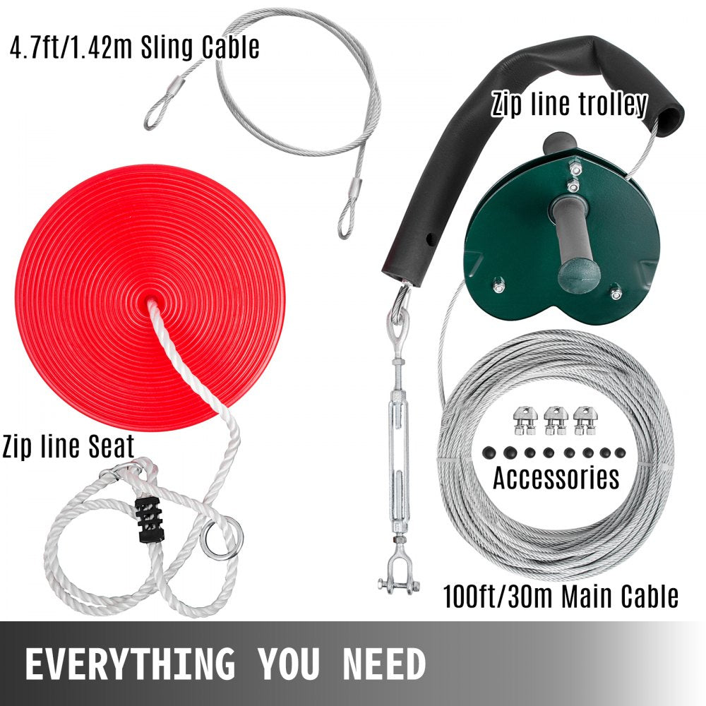 AMITOOLSZipline Kit 100ft Ultimate Zip Line Kit Toys With Seat Trolley Stainless Steel