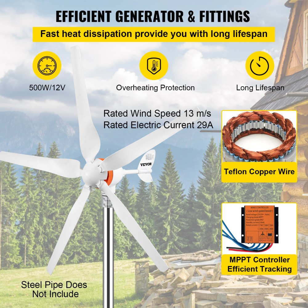 AMITOOLS Wind Turbine Generator, 12V/AC Wind Turbine Kit, 500W Wind Power Generator with MPPT Controller 5 Blades Auto Adjust Windward Direction Suitable for Terrace, Marine, Motor Home, Chalet, Boat