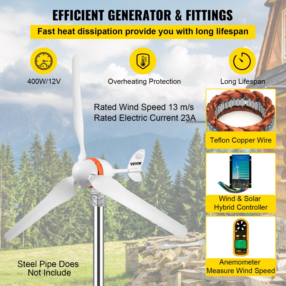 AMITOOLS Wind Turbine Generator, 12V/AC Wind Turbine Kit, 400W Wind Power Generator w/Wind & Solar Controller 3 Blades Auto Adjust Windward Direction Suitable for Terrace, Marine, Motorhome, Chalet, Boat