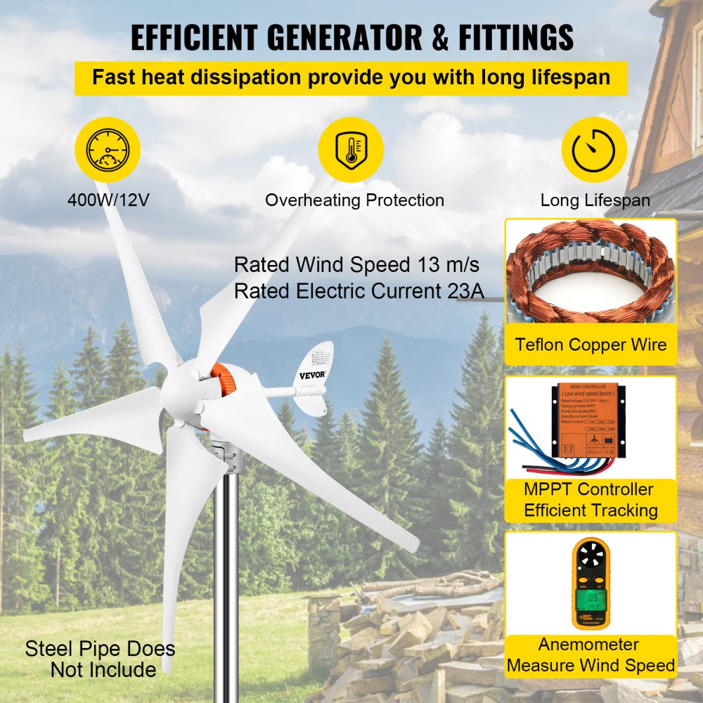 AMITOOLS Wind Turbine Generator, 12V/AC Wind Turbine Kit, 400W Wind Power Generator with MPPT Controller 5 Blades Auto Adjust Windward Direction Suitable for Terrace, Marine, Motor Home, Chalet, Boat