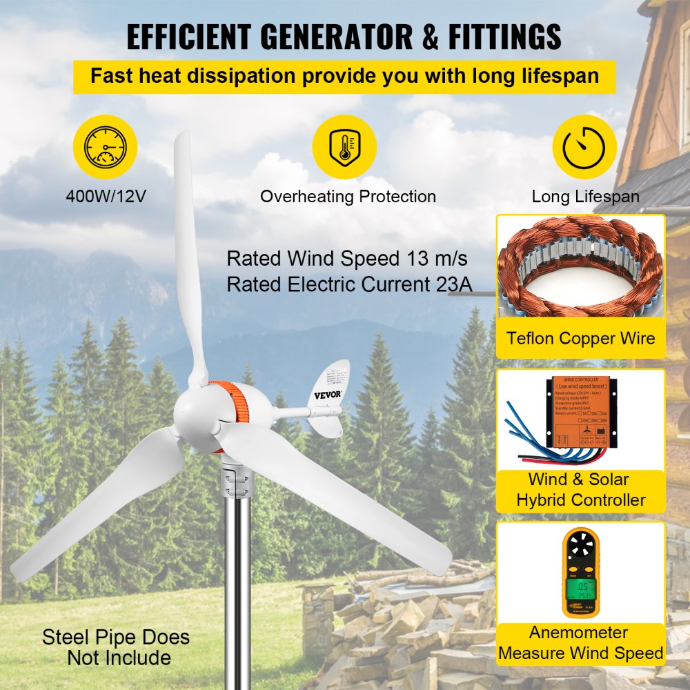 AMITOOLS Wind Turbine Generator, 12V/AC Wind Turbine Kit, 400W Wind Power Generator with MPPT Controller 3 Blades Auto Adjust Windward Direction Suitable for Terrace, Marine, Motor Home, Chalet, Boat