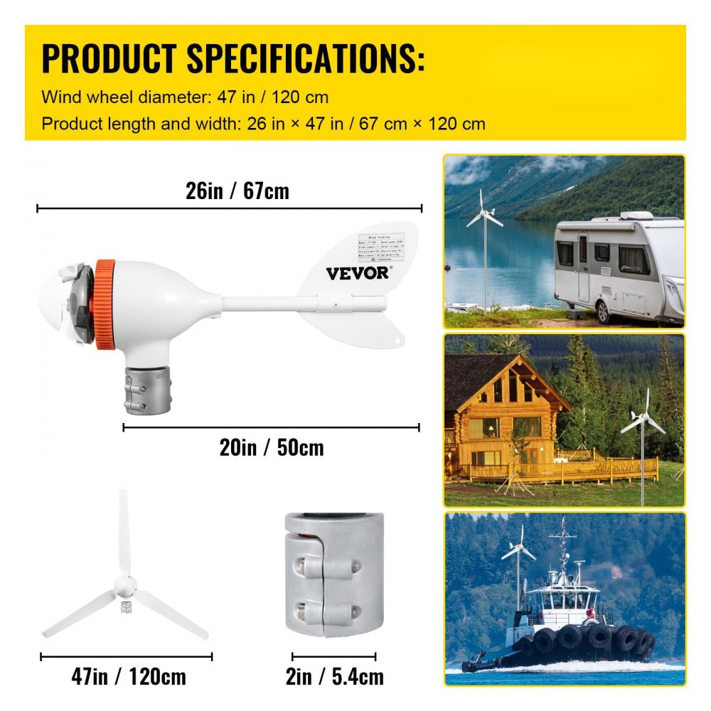 AMITOOLS Wind Turbine Generator, 12V/AC Wind Turbine Kit, 400W Wind Power Generator with MPPT Controller 3 Blades Auto Adjust Windward Direction Suitable for Terrace, Marine, Motor Home, Chalet, Boat