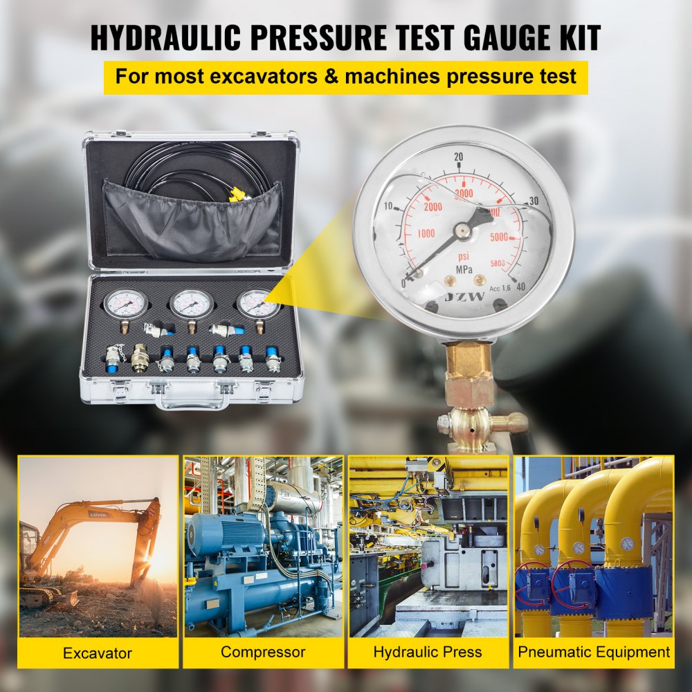 AMITOOLS Hydraulic Pressure Test Kit, 25/40/60Mpa/9Couplings, Excavator Parts Hydraulic Tester Coupling Hydraulic Pressure Gauge Kit for Excavator Construction Machinery