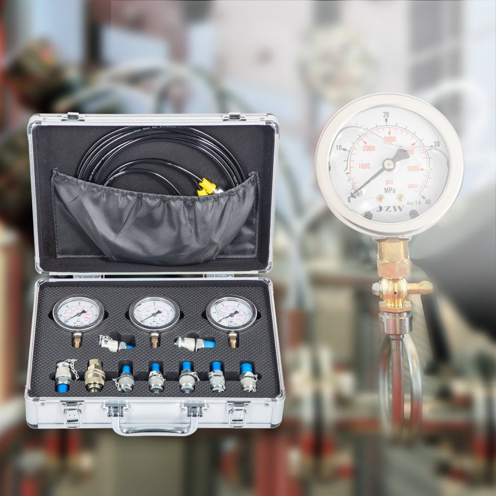 AMITOOLS Hydraulic Pressure Test Kit, 25/40/60Mpa/9Couplings, Excavator Parts Hydraulic Tester Coupling Hydraulic Pressure Gauge Kit for Excavator Construction Machinery