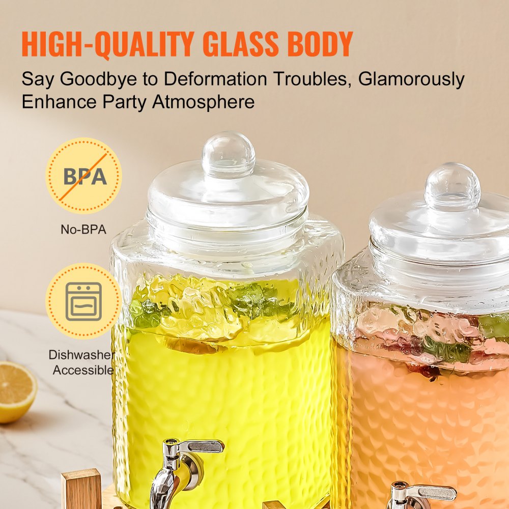 AMITOOLS Beverage Dispenser, 1.5 Gallon Drink Dispensers for Parties,2PC,Glass Juice Dispenser with Stand, Stainless Steel Spigot, Iced Tea Lemonade Juice Water Dispenser, for Restaurants, Hotels, Partie