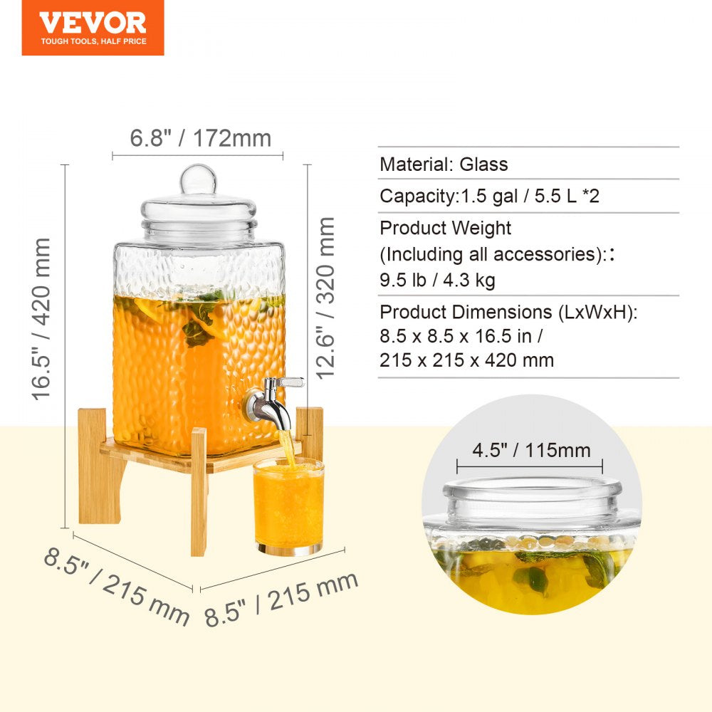 AMITOOLS Beverage Dispenser, 1.5 Gallon Drink Dispensers for Parties,2PC,Glass Juice Dispenser with Stand, Stainless Steel Spigot, Iced Tea Lemonade Juice Water Dispenser, for Restaurants, Hotels, Partie