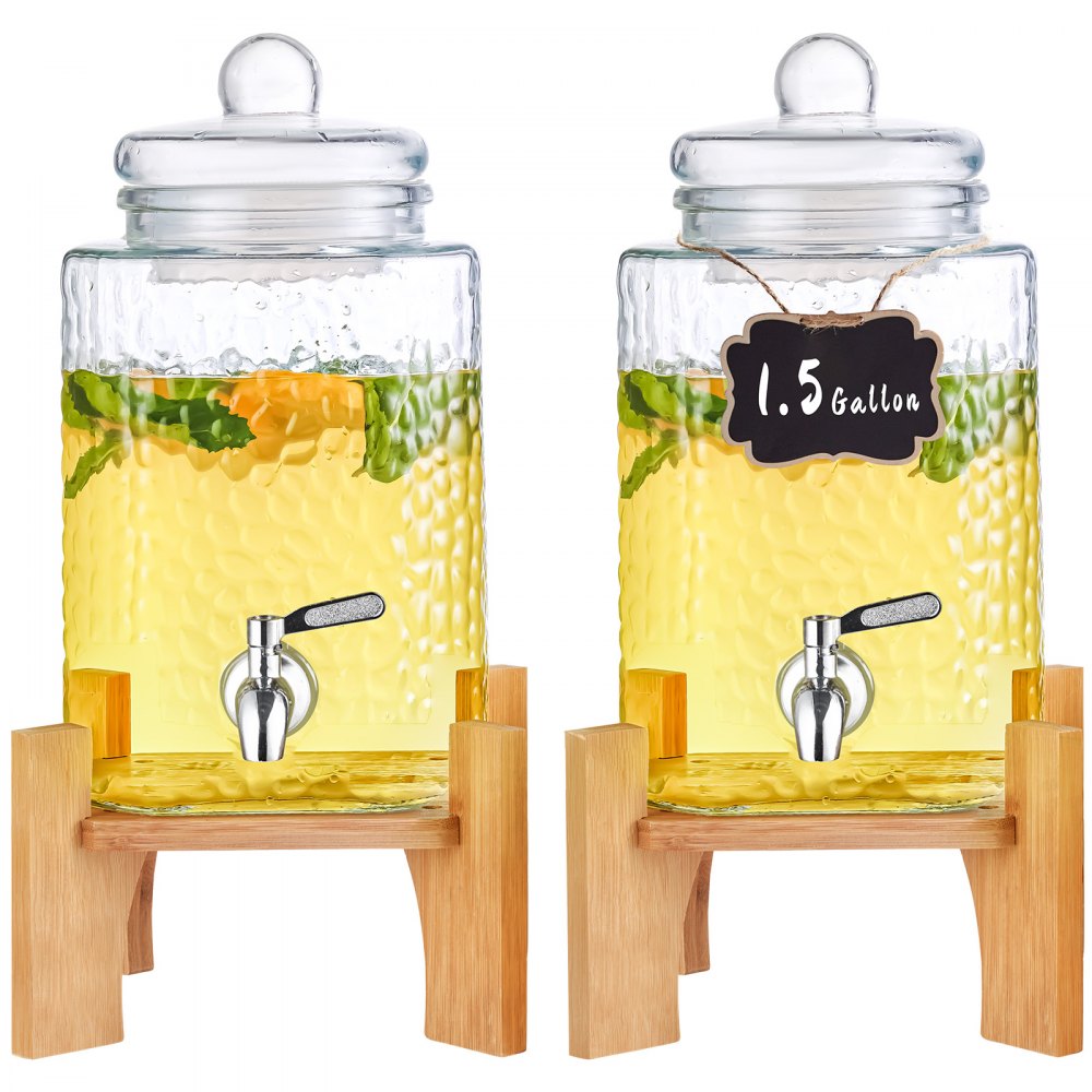 AMITOOLS Beverage Dispenser, 1.5 Gallon Drink Dispensers for Parties,2PC,Glass Juice Dispenser with Stand, Stainless Steel Spigot, Iced Tea Lemonade Juice Water Dispenser, for Restaurants, Hotels, Partie