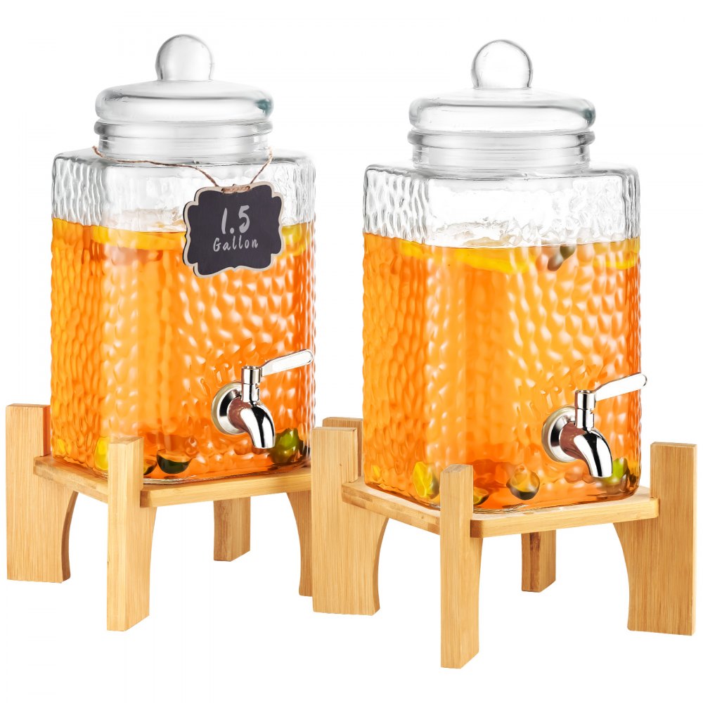 AMITOOLS Beverage Dispenser, 1.5 Gallon Drink Dispensers for Parties,2PC,Glass Juice Dispenser with Stand, Stainless Steel Spigot, Iced Tea Lemonade Juice Water Dispenser, for Restaurants, Hotels, Partie